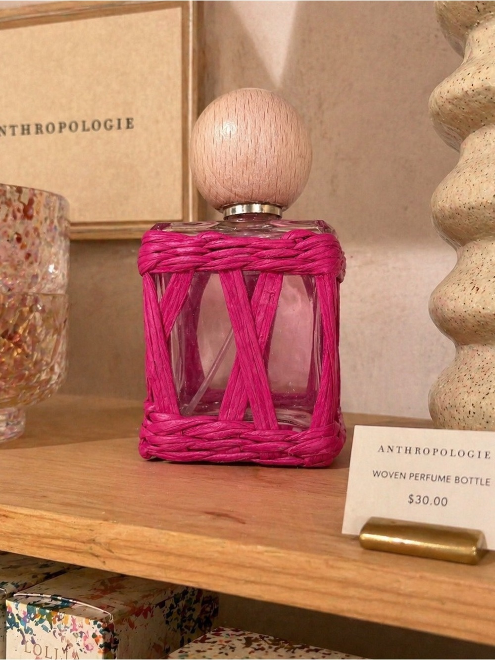 Anthropologie Pink Woven Perfume Bottle Boho Chic Vanity Decor *Empty*
